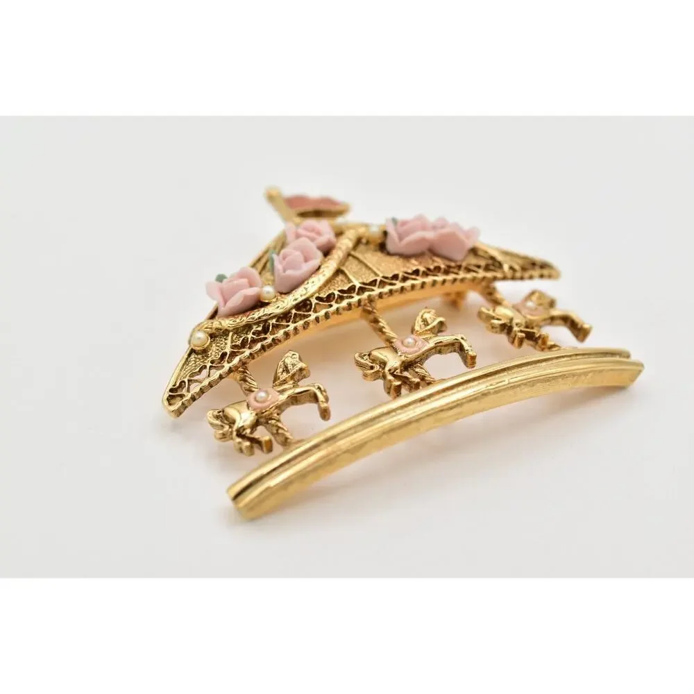 1928 Vintage Carousal Pin Brooch Horse Gold Pink Roses Romantic 1980s BinBG